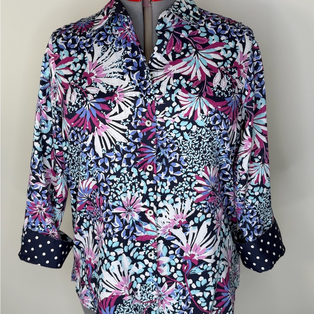 Foxcroft Shirt Womens 14 Multicolor Floral Button Up 3/4 Sleeve Wrinkle Free
